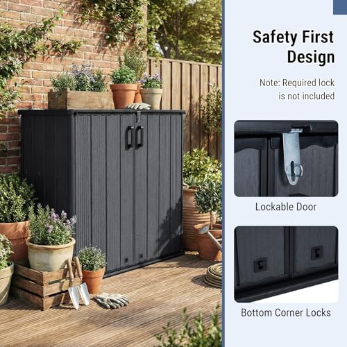 Tangkula 23.5 Cu.ft Outdoor Storage Shed, All-Weather Resin Patio Storage Box with Floor, Lockable Door & Removable Shelf, Waterproof Deck Box for Garden Tools - Image 4