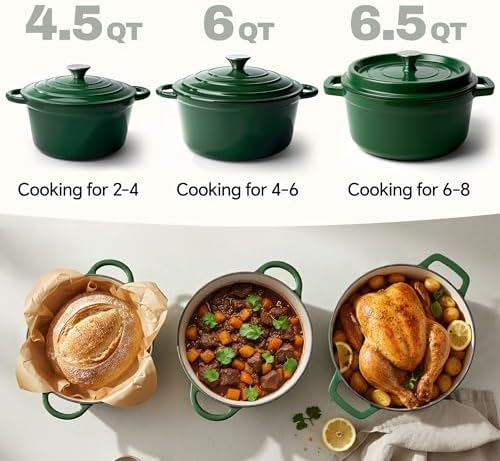 6 Quart Dutch Oven Pot with Lid, Non Stick Enameled Cast Iron Dutch Oven for Bread Baking, Heavy-Duty, Oven Safe Ceramic Cookware Up to 500°F for Baking, Braising, Stews, Roasting, Green - Image 3