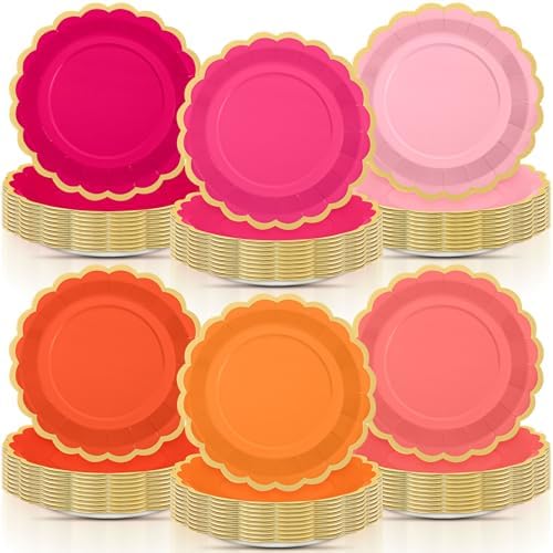 96 Pcs Pink and Orange Paper Plates 9 Inch Scalloped Paper Plates Disposable Dinner Dessert for Birthday Wedding Bridal Party Supplies, 6 Colors by Tiangrid