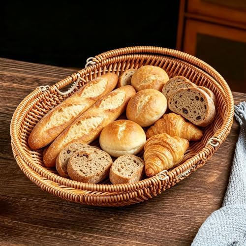 RT&BS Wicker Egg-collecting Basket with Handles, Wicker Bread Basket Oval, Handwoven Fruit Basket with Handles, Reusable Storage Baskets for Living Room, Kitchen, Store, Restaurant, Outdoor (Brown, M) - Image 5