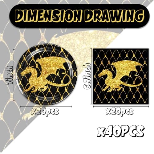 40Pc Gold Black Dragon Party Plates and Napkins for 20 Guests - Tableware Black and Gold Dragon Supplies for Fantasy Baby Shower Birthday Party Decorations - Image 2