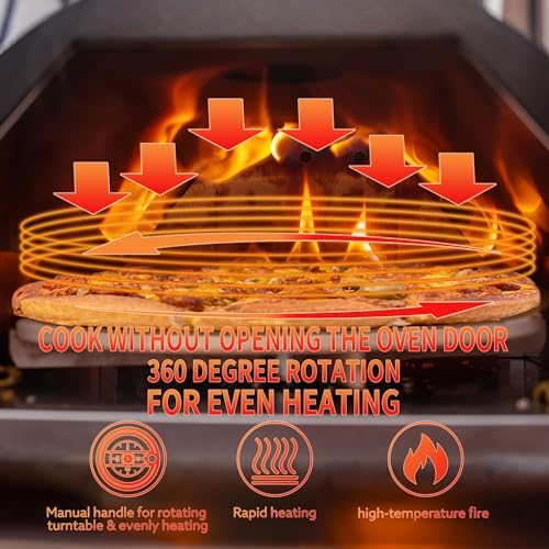 Silver Pizza Oven Outdoor 12" Semi-Automatic Rotatable Pizza Ovens Portable Stainless Steel Wood Fired Pizza Oven Pizza Maker with Built-in Thermometer Pizza Cutter Carry Bag - Image 3