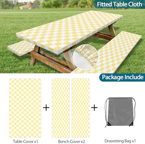 Picnic Table Cover with Bench Covers and Bag, Yellow White Checkered Gingham Buffalo Plaid Camping Tablecloth Waterproof Windproof Elastic Edges Fitted Tablecloths for Outdoor Garden 3PCS 30x96 Inch - Image 7