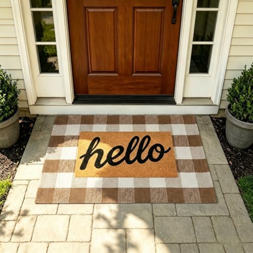 MUBIN Fall Decor Cotton Buffalo Plaid Rug, 27.5x43 Coffee White Outdoor Rug Front Door Decorative Mat, Washable Doormat Foldable Area Rug Layered Door Mats Rug for Front Porch, Entryway, Patio - Image 4
