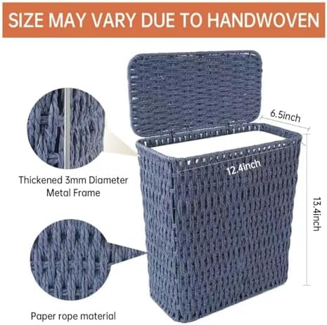Coeusy 3 Gallon Paper Rope Bathroom Trash Can,Small Wicker Trash Cans with Lid and Liner,Woven Rattan Narrow Waste Basket for Bedroom,Office,Blue - Image 3