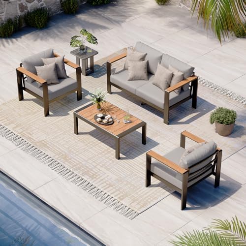 Aluminum Outdoor Patio Furniture Set with Coffee Table, 4 Piece Patio Conversation Sets with Washable Thick Cushions, Patio Sectional Furniture Set for Porch, Balcony, Yard, Gray by Oasbira