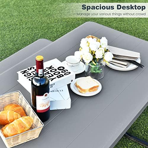 ORALNER Picnic Table, Resin Dining Table & 2 Benches Set, Weather Resistant Wood Grain Plastic Tabletop & Steel Frame, Picnic Tables for Outdoors, Porch Yard Patio Lawn Party Camping (Grey) - Image 4