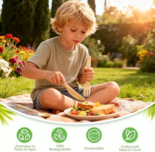 Bamboo Cutlery Set - Wooden Utensils for Eating - Disposable Wooden Cutlery set of 60 (20 Forks 20 Spoons 20 Knives) Bamboo Disposable Utensils - ECO Friendly Compostable Utensil for Party - Image 3
