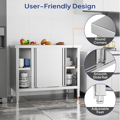 ROVSUN Stainless Steel Table with Cabinet, 39" x 19" Commercial Kitchen Workbench for Pre Work with Sliding Doors, Large Space Storage for Kitchen Restaurant Hotel Garage Warehouse - Image 7