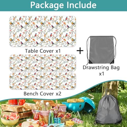 Bird Branch Picnic Table Cover with Bench Covers and Bag, Camping Essentials, Spring Summer Floral Waterproof Windproof, Fitted Tablecloth Cover with Elastic Edge for Outdoor Garden 3 PCS 30x60 Inch - Image 6