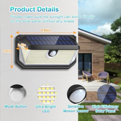 Solar Lights Outdoor Waterproof, 4-Pack Super Bright 388 LEDs Motion Sensor Security Lights with Lights Reflector and 3 Lighting Modes, Waterproof Solar Wall Lights for Patio, Deck, Fence, Garage - Image 6