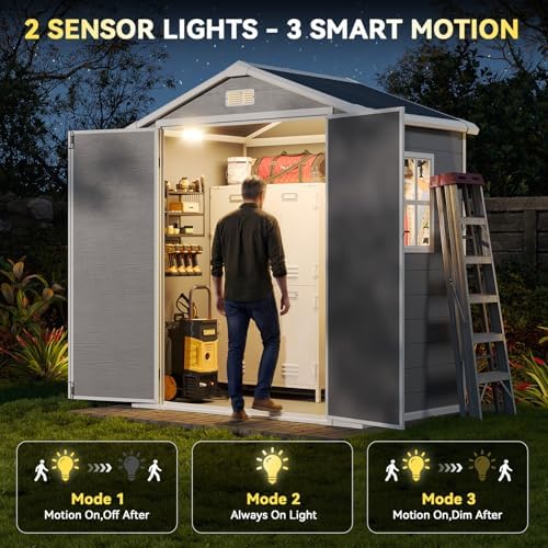 Aoxun 6x4 FT Outdoor Storage Shed, Resin Shed with Suction Light, Gray - Image 2