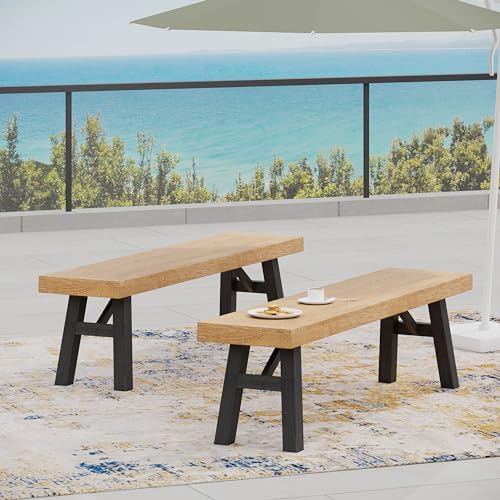 70.5'' Outdoor Patio Dining Table & 2 Bench for 4, Acacia Wood Farmhouse Dining Table Set Outdoor & Indoor Furniture for Patio Porch Garden, H-Shaped Base, 3-Pcs, Light Brown - Image 7