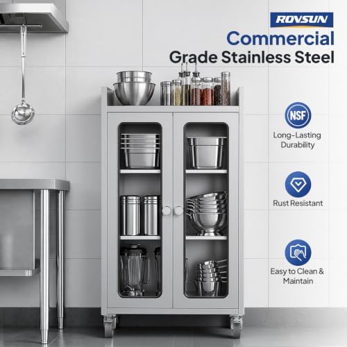 ROVSUN Stainless Steel Table with Cabinet & Wheels, 23.6" x 15.7" Commercial Kitchen Workbench for Pre Work with Glass Door, Large Space Storage for Kitchen Restaurant Hotel Garage Warehouse - Image 2