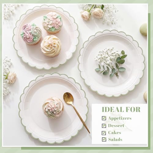 NatNarr 30 Pk Sage Green Paper Plates 9" Scalloped Green White Party Plates - Image 4