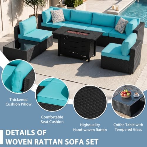 Shintenchi 8 Piece Outdoor Patio Furniture Set with 43 Inch Propane Fire Pit, Washable Cushions, Glass Coffee Table, Waterproof Cover & CSA Certified for Backyard Poolside, Black PE Rattan/Blue - Image 4