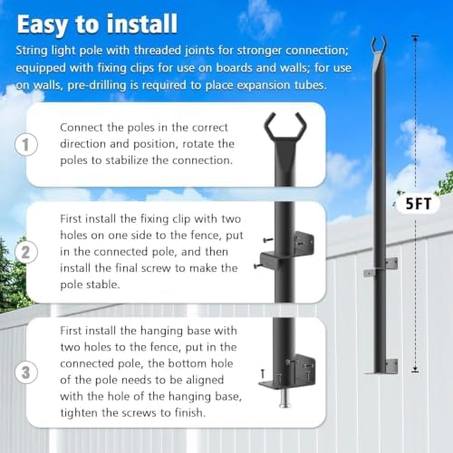 Beizelte 10 Pack 5Ft String Light Poles,Outside String Lights,Outdoor Light Poles,Metal Poles Stand for Patio,Backyard,Deck - Image 7