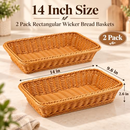 2 Pack Wicker Bread Baskets, 14 Inch Rectangular Serving Trays - Image 2
