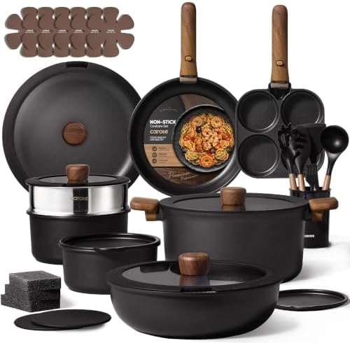 CAROTE 33pcs Pots and Pans Set Non Stick, Detachable Handle Cookware, Black by CAROTE