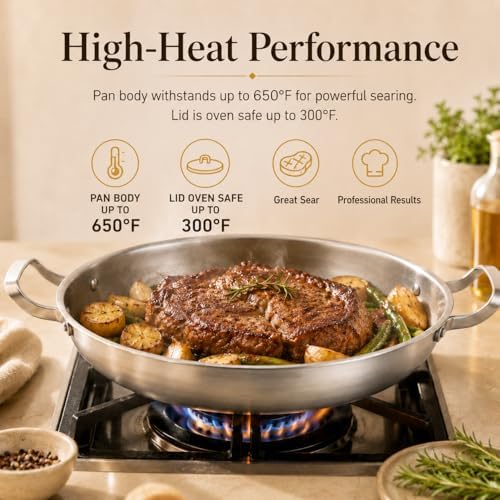 DELARLO Paella Pan 14 Inch Tri-Ply Stainless Steel Paella Pan with Lid, Jumbo Frying Pan, kitchen Induction Large Skillets,Great for Paella Parties Indoors Outdoors,Heavy Duty Style - Image 5