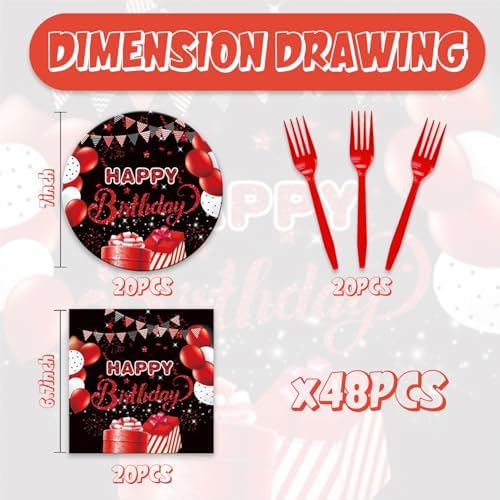 48pcs Red Black Party Decoration Set,16 Dessert plate,16 Napkin And 16 Fork,Disposable tableware for 16 persons,Used for Red and Black Party Supplies - Image 2