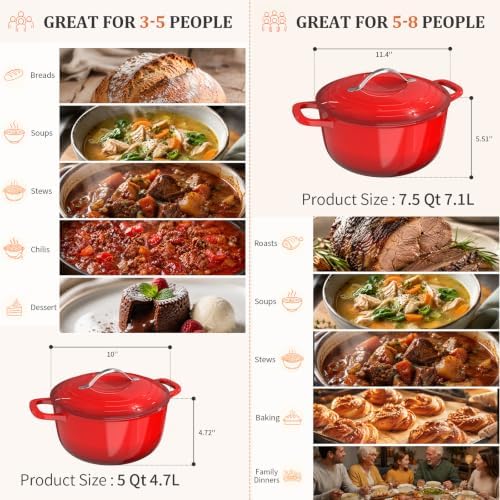 Winado 5 Qt Enameled Cast Iron Dutch Oven Pot with Lid, Red Ombre - Image 4