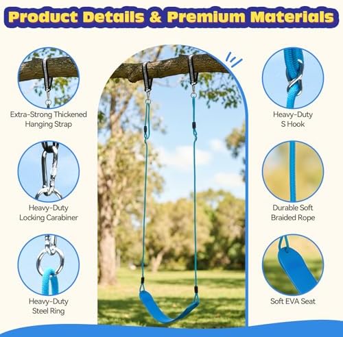 HeyZoo 2 Pack Heavy Duty Kids Swing Seat 330LBS, 79" Adjustable Rope, Blue - Image 4