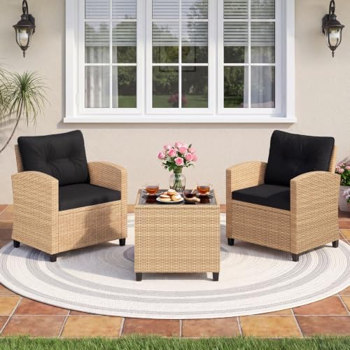 Tangkula 3 Pieces Patio Furniture Set, PE Rattan Wicker 3 Pcs Outdoor Sofa Set w/Washable Cushion and Tempered Glass Tabletop, Conversation Furniture for Garden Poolside Balcony - Image 2