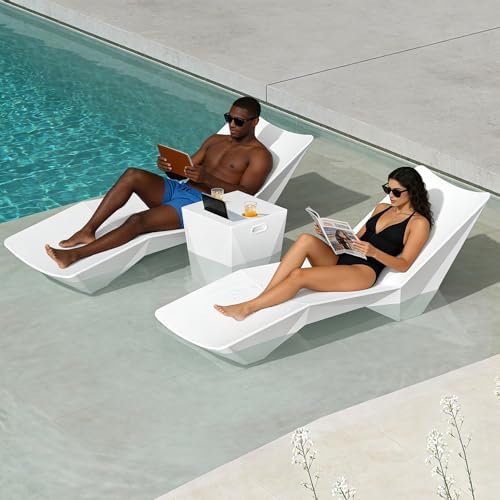 Modern Assemble-Free Outdoor Side Table, Pool Side Table for Inside Pool or on Patio, Lounger Table with 2 Cup Holders * 1 Tablet Holder, White - Image 3