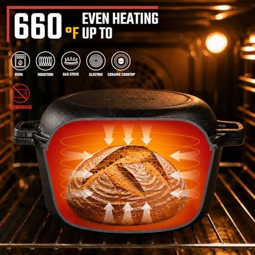 Overmont 7QT Double Dutch Oven - 2-in-1 Pre-Seasoned Cast Iron Pot & Recipe - Image 3