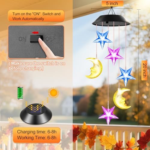 Winzwon Solar Lights Outdoor Moon Star Wind Chimes for Outside - Image 6