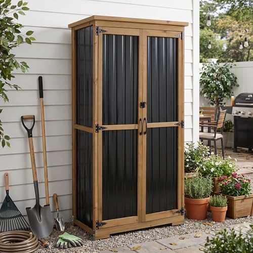 Outdoor Storage Cabinet with Shelf, Wood & Metal Storage Shed with Waterproof Roof & Lockable Doors,Tall Outdoor Cabinets for Patio Backyard, Gardening Tools and Accessories, Brown by MAGAZOOPET