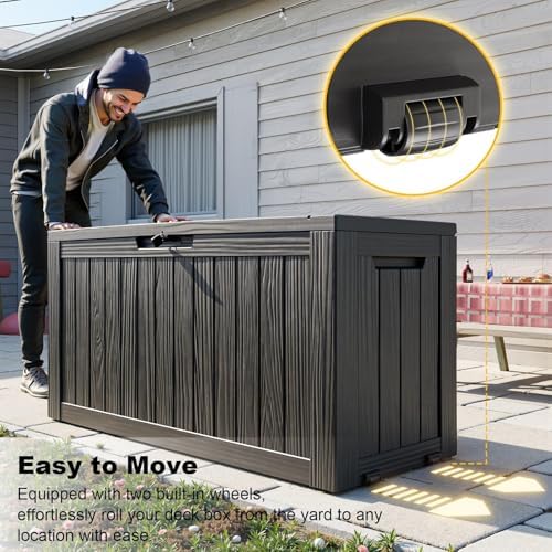 ROJIK Outdoor Storage Housing Deck Box - Waterproof Patio Furniture, Garden Tools, Cushions, Pool Accessories Storage Bench with Lockable Lid and Side Handles (Black 78 Gal) - Image 3
