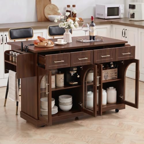 65" Rolling Kitchen Island with Storage and Drop Leaf & Arched Door Brown by JIJIWANG