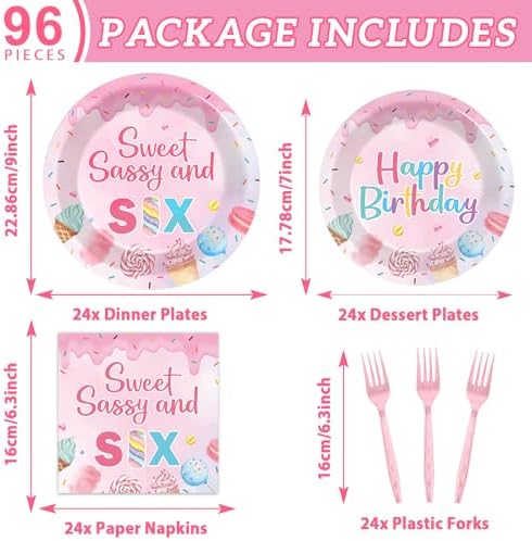 96 PCS Donut Party Tableware 6th Birthday Plates and Napkins Decorations Disposable Donuts Happy Birthday Party Tableware Supplies Sweet Sassy 6th Plates Napkins Decor for Kids Gatherings Decorations - Image 2