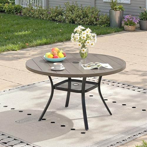 Outdoor Dining Table with Adjustable Umbrella Hole, 40.6" All-Weather Round Patio Dining Table for 4, Metal Patio Table with Storage Shelf for Garden Lawn Porch Deck Yard, Grey by ProvideOutdoorSolutions