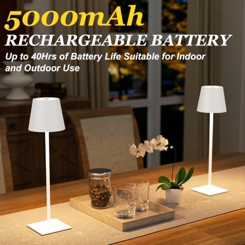 Kakanuo White Gold Cordless Rechargeable Table Lamp 5000mAh Battery Operated Lamps, 3 Colors Stepless Dimming Touch Lamp for Living Room, Kitchen Counter, Dining, Outdoor Patio, 2 Pack - Image 3