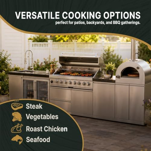 147" Modular Outdoor Kitchen,120,000 BTU Stainless Steel Natural Gas BBQ Grill with Built-In Pizza Oven,Rotisserie,Double Door Refrigerator,Granite Countertop,Storage Drawers & Cabinets. - Image 4