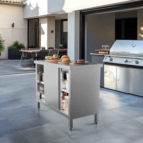 ROVSUN Stainless Steel Table with Cabinet, 39" x 19" Commercial Kitchen Workbench for Pre Work with Sliding Doors, Large Space Storage for Kitchen Restaurant Hotel Garage Warehouse - Image 2