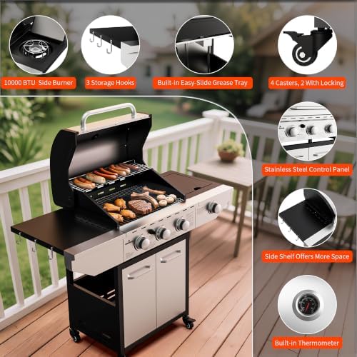 3-Burner Gas Grill with Side Burner, 40000 BTU Stainless Steel BBQ - Image 6