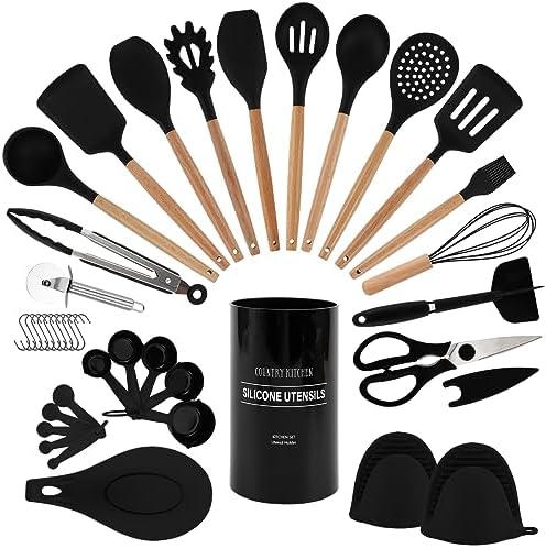 Country Kitchen Non Stick Silicone Utensil Set with Rounded Wood Handles for Cooking and Baking, 38 Piece Set, Black by CountryKitchen