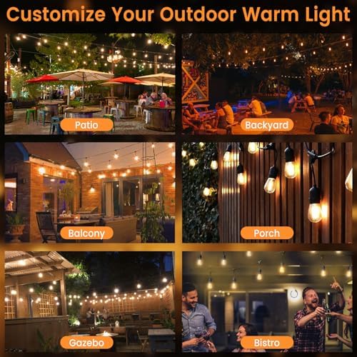 48ft Outdoor String Lights with Remote & Dimmer,24+2 Commercial Grade IP65 Waterproof Bulbs, 2700K Warm White,3 Lighting Modes & Timer,Includes 30 Cable Ties for Patio,Garden, Party - Image 7