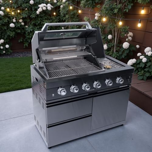 BBQ Island Outdoor Kitchen: 46-Inch 4-Burner 72000 BTU Modular Outdoor Grill Island with Rotisserie Kit and Side Burner - Pre-Assembled with Storage & Wheels by AlimtoisOutdoorPro