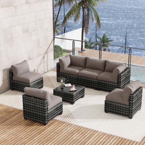 LOUVIXA 7 Piece Outdoor Patio Furniture Set, Outdoor Sectional Sofa, Wicker Rattan Patio Furniture, Patio Conversation Set with Coffee Table & Cushions - Image 3