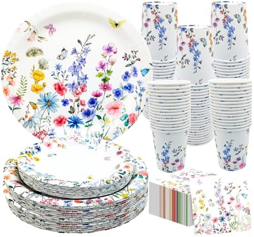 100Pcs Wildflower Party Supplies Spring Floral Wedding Birthday Decoration Include Wildflower Plates Napkins and Cups for Spring Summer Picnic Wedding Baby Shower Tea Party Decor,Serve 25 (Purple) by GOGUOGOFA