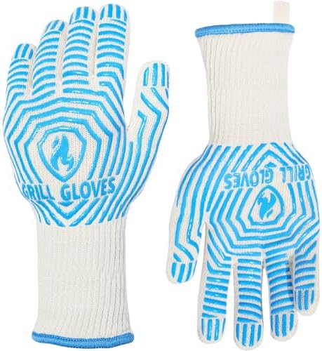 QUWIN BBQ Gloves, Oven Gloves 1472℉ Extreme Heat Resistant, Grilling Gloves Silicone Non-Slip Oven Mitts, Kitchen Gloves for BBQ, Grilling, Cooking, Baking-1 Pair… (Blue, One Size(Long Cuff)) by QUWIN
