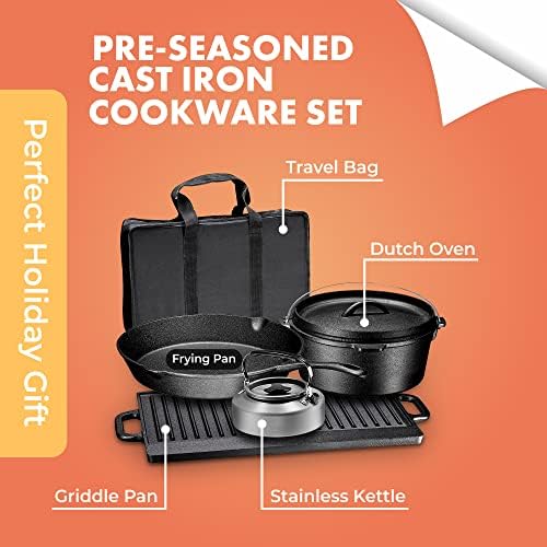 Bruntmor Camping Cooking Set Of 5. Pre Seasoned Cast Iron Pots And Pans Cookware/Dutch Oven Sets With Lids For Outdoor Comefire Cooking. Camping Skillet Grill Cookware Skillet Set With Carrying Case - Image 2