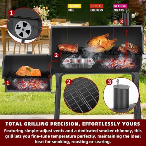 Charcoal Grill Offset Smoker 535 Sq.In.with Front Table for Outdoor BBQ - Image 4