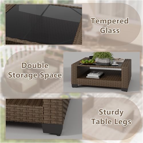 LOUVIXA 7 Piece Outdoor Patio Furniture Set, Rattan Chairs Glass Table Wicker Conversation Seating Sectional Sofa with Cushions (Brown-Peacock Blue, 7Pcs-2 Layer Coffee Table) - Image 6