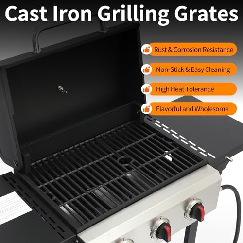3-Burner Propane Gas Grill with Cast Iron Grate - 30000 BTU Output & Easy-Clean Grease Management for Perfect BBQs (3-Burner) - Image 3